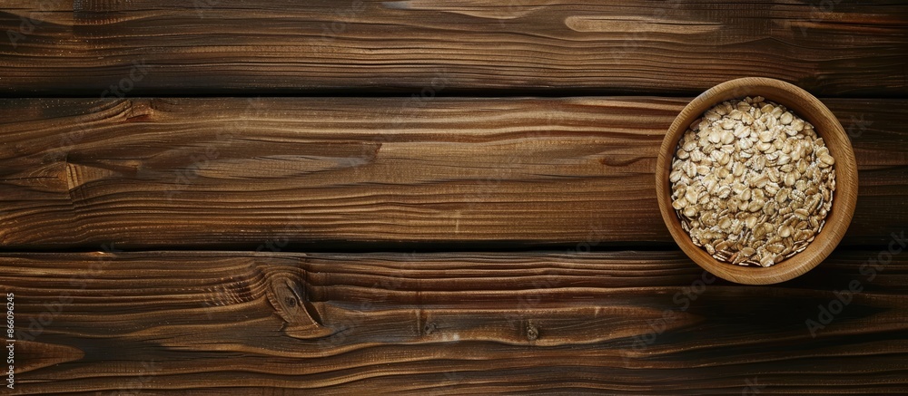 Poster a wooden table displays a bowl of dry oats in the bottom right corner, creating a visually appealing