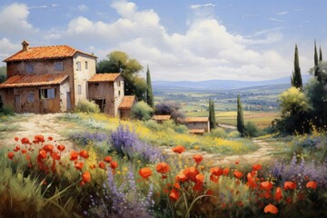 Countryside painting flower house.