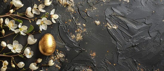 Easter-themed slate board adorned with flowers and a golden egg, providing ample copy space for personalized messages.