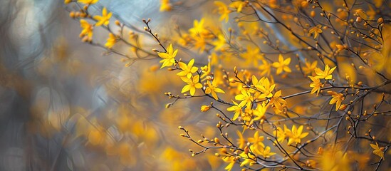 In spring, stunning forsythia branches with yellow blooms adorn the scene, adding color and vibrancy to the landscape, ideal for a copy space image.