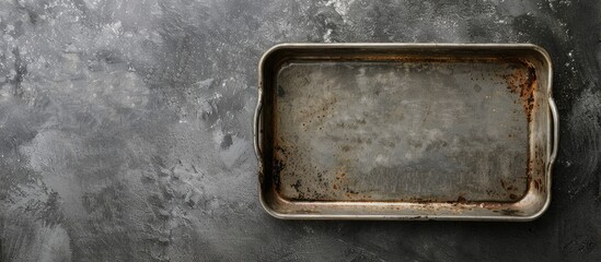Concrete background with a vintage metal tray, providing copy space for text.