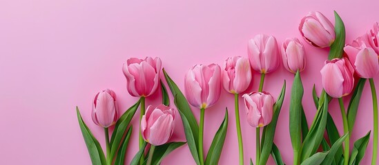 Obraz premium Pink tulips in full bloom displayed over a plain pink backdrop with copy space image.
