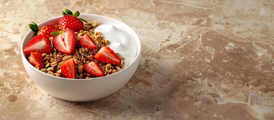 A white bowl of granola topped with fresh strawberries and yogurt on a beige marble background in a horizontal shot with copy space image.