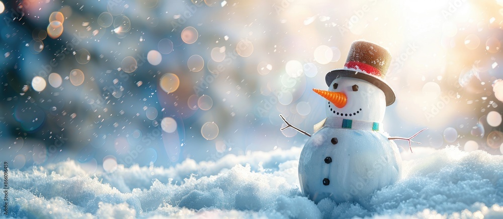 Poster a cute snowman with a carrot nose and a top hat, set against a snowy background in a winter scene wi