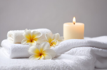 Fresh white towels with candles and frangipani on white background with free space for text