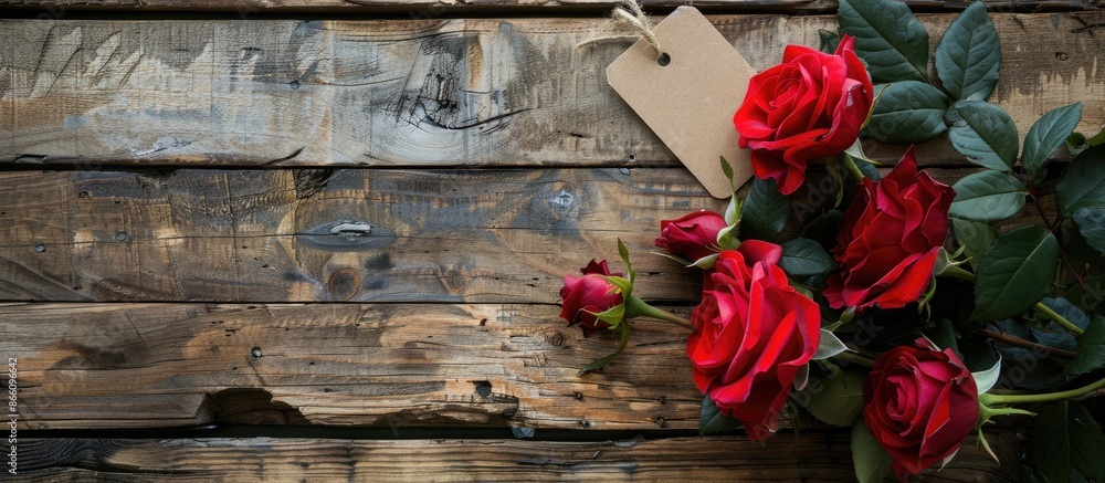 Poster Red roses with a label on a wooden backdrop, perfect for a copy space image.