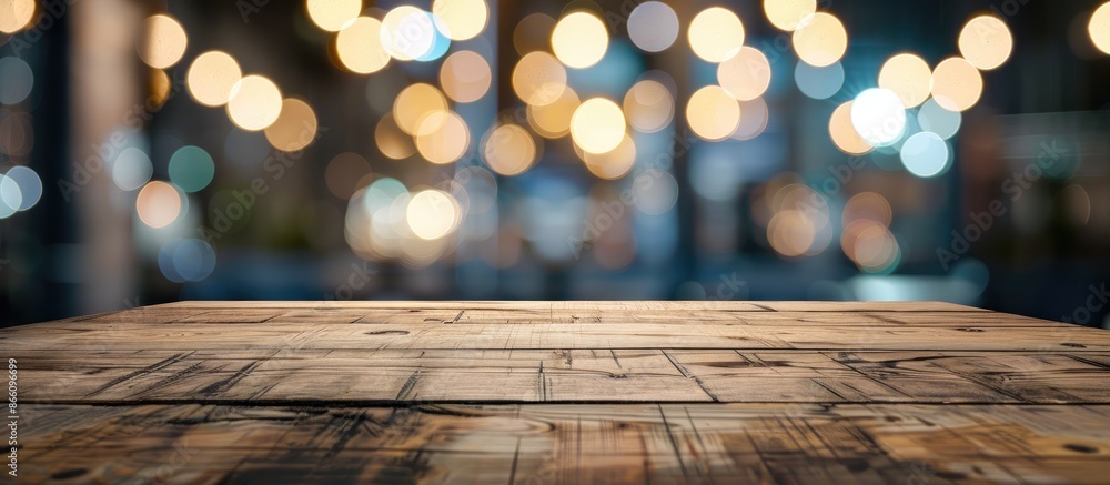 Aufkleber a wooden table with a blurred background provides a blank surface for marketing text or images in a 