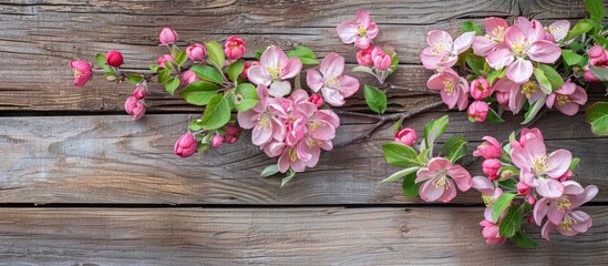 Spring blossoms with copy space image, set against a rustic wooden backdrop, depict a blooming apple branch.