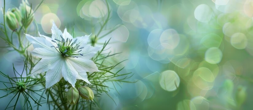 A delicate white Nigella sativa, also known as the love flower, displayed against a misty botanical background with copy space image.