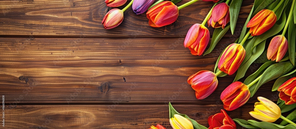 Poster a vibrant display of tulips on a wooden surface captured from above, offering ample space for text o