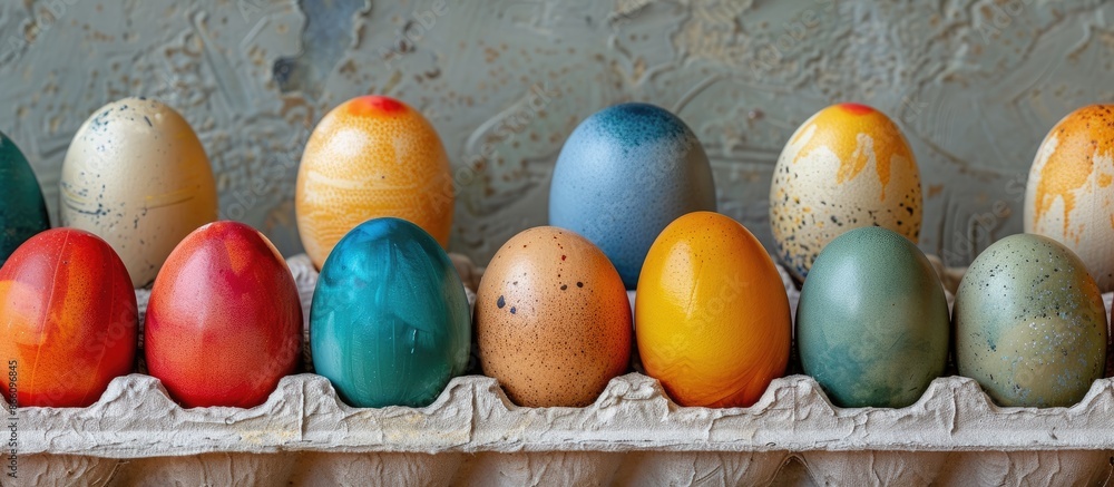 Poster a close-up view of colorful easter eggs lined up neatly in a carton, with space for text or images. 