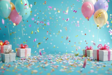 A joyful birthday party scene with bright balloons, confetti, and presents on a blue background. Generative AI