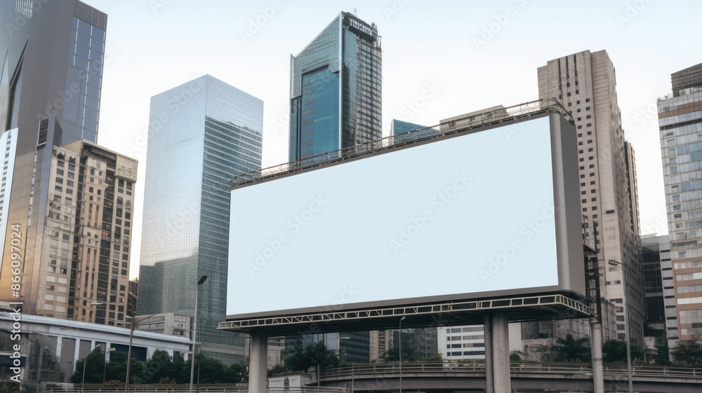 Aufkleber urban billboard above an empty highway with overcast skies and modern cityscape in the background. a