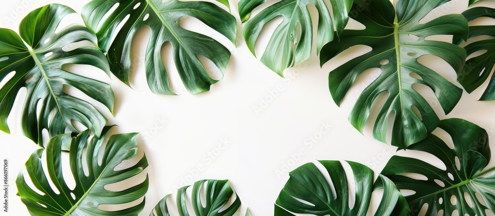 Poster top view of monstera leaves on a white surface, creating a tropical summer feel with room for text o
