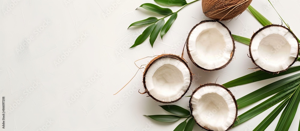 Poster top view flat lay of a coconut piece with leaves against a white backdrop, offering ample copy space