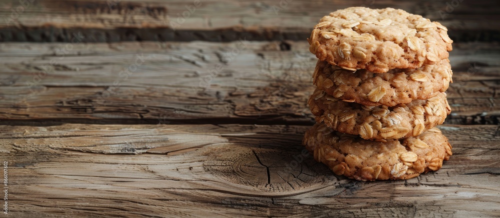 Aufkleber cookies made with oats placed on a rustic wooden table, set against a blank background for a copy sp