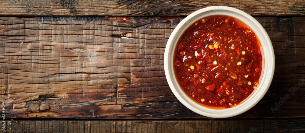 Poster top-down perspective of a bowl filled with spicy sauce resting on a rustic wooden surface, featuring