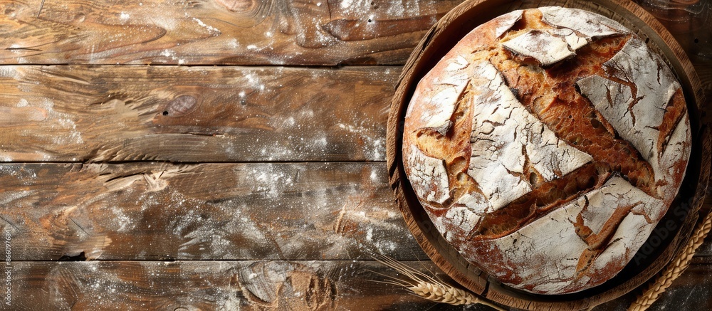 Poster brown coarse grain bread displayed on a rustic wooden table with a background ideal for addtional el