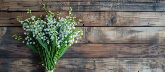 A bouquet of lilies of the valley displayed against a rustic wooden backdrop, creating a charming setting with copy space image.