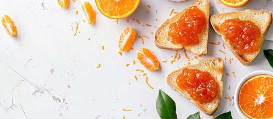 Delicious toasts with tangerine jam on a white backdrop showcasing ample copy space image.