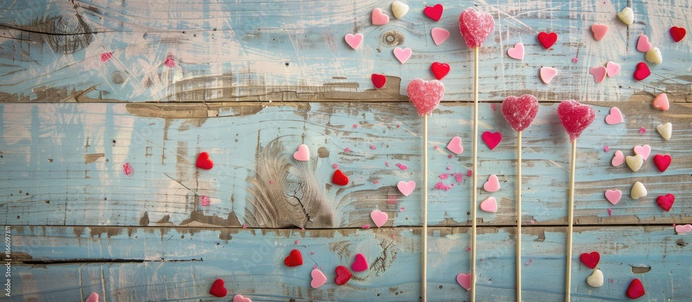 Poster a light wooden backdrop adorned with candies on sticks and heart-topped lollipops, viewed from above