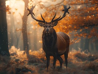 Majestic Stag Standing in a Misty Autumn Forest  Antlers Illuminated by Warm Sunlight Rays