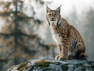 Fototapeta premium Majestic Lynx Perched on Rock Keen Eyed Observation in Autumnal Forest