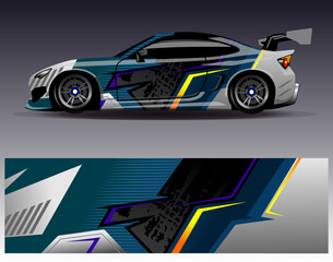 Fototapeta premium Car wrap design vector. Graphic abstract stripe racing background designs for vehicle, rally, race, adventure and car racing livery