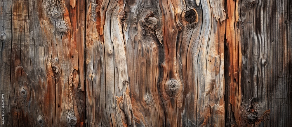 Poster close-up of a wooden wall showcasing the natural aging patterns of the tree with copy space image.