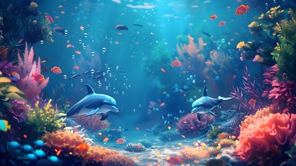 Vibrant Underwater Scene with Playful Dolphins and Colorful Marine Life in a Coral Reef Ecosystem