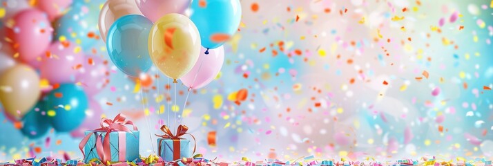 A cheerful scene of colorful balloons, confetti, and presents set against a backdrop perfect for a childs birthday party. Generative AI