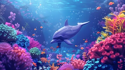 Fototapeta premium Vibrant Underwater World with Playful Dolphins and Colorful Coral Reefs for Kid s