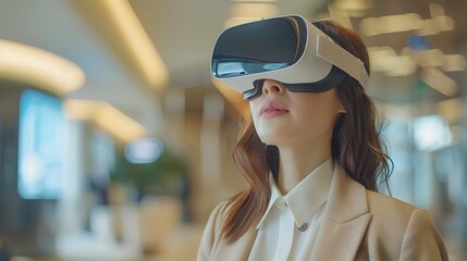 Businesswoman Using Virtual Reality Headset for Futuristic Training and Immersive Learning in Corporate Environment