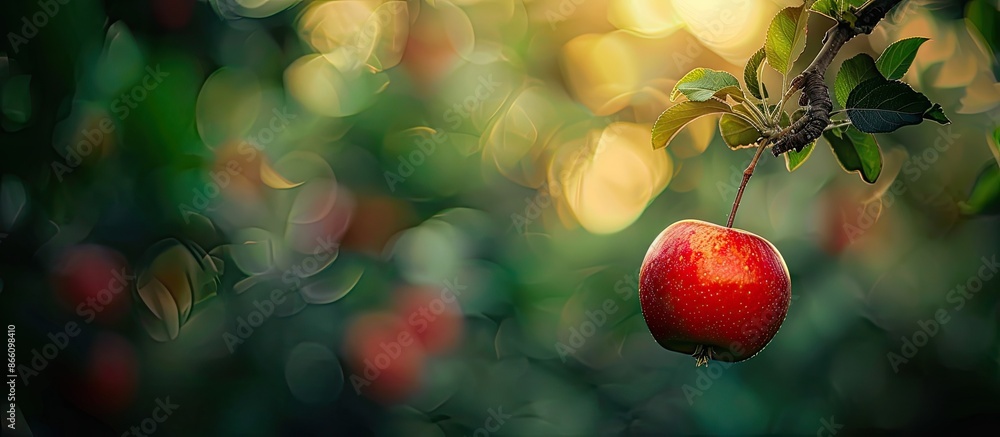 Poster a fresh red apple hangs from a tree in its natural setting with an open background for a copy space 
