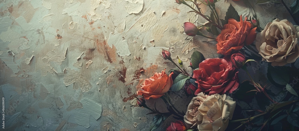 Poster floral blooms set on a background of textured paper with copy space image.