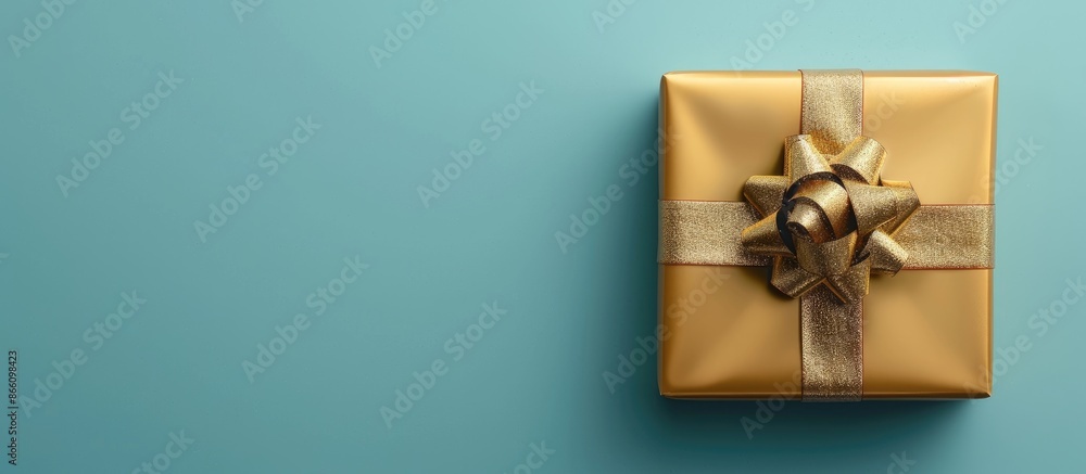 Poster gift box with gold wrapping and bow on a blue backdrop with ample copy space image.