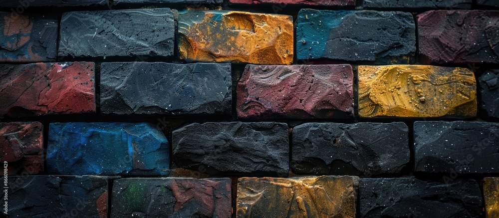 Aufkleber colorful rectangular bricks randomly adorn a dark stone surface against a black backdrop, providing 