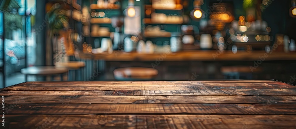 Poster brown wooden table with focus on empty space, surrounded by a blurred coffee shop background featuri