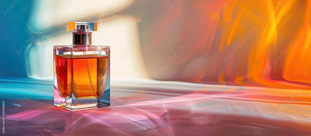 Poster Perfume bottle displayed on a colorful backdrop with copy space image.