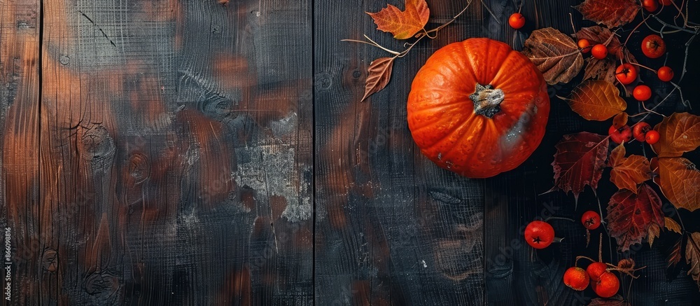 Poster top view of pumpkin in an autumn-themed setting on a dark wooden backdrop with space for text or ima