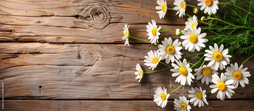 Aufkleber chamomile flowers displayed in paper on wood background with copy space image.
