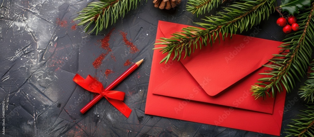 Poster christmas card with red envelope, notepad, pencil, pine branches, and a festive bow - all on a backg
