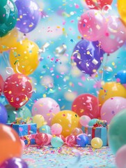 A vibrant image of bright balloons, confetti, and presents scattered on a blue surface, perfect for celebrating a childs birthday. Generative AI