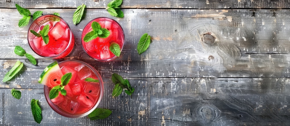 Sticker A refreshing drink made from watermelon and mint displayed on a rustic grey wooden table with a blank area for an image to be inserted. Copy space image. Place for adding text and design