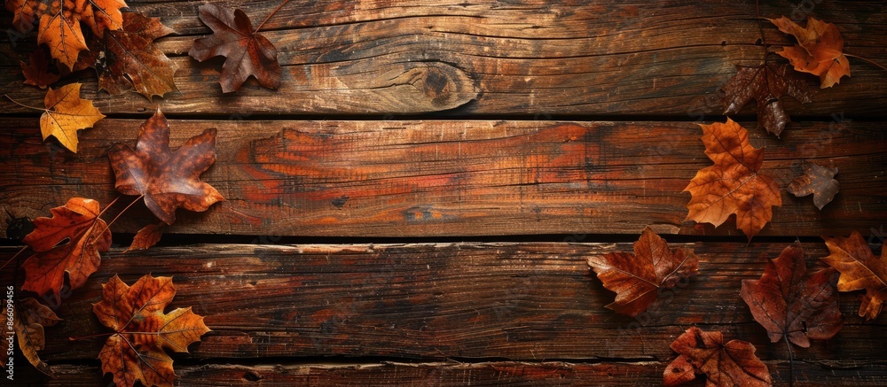 Poster a rustic autumn background featuring an old wooden table with ample copy space image.