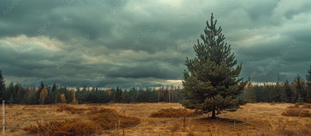 Poster a christmas pine tree in the woods under a cloudy sky with room for text in the image. image with co