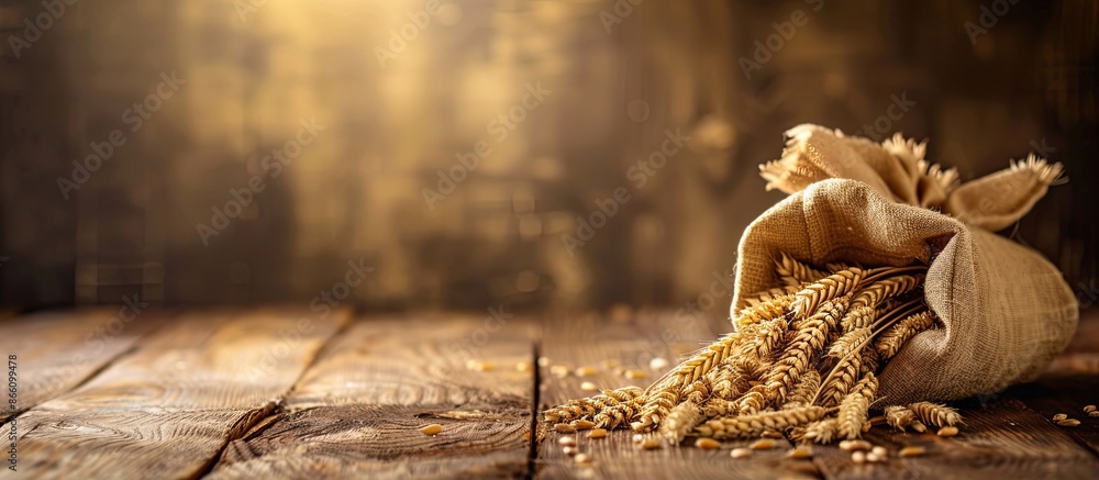 Poster a wooden table with a bag of wheat creates a rustic setting with a backdrop perfect for adding copy 
