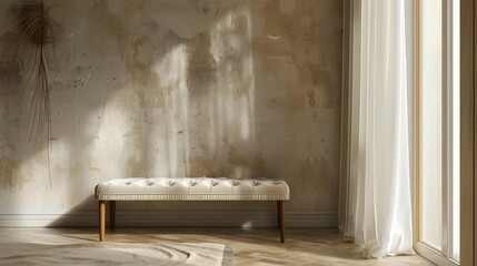 Stylish room with a soft bench by a beige wall