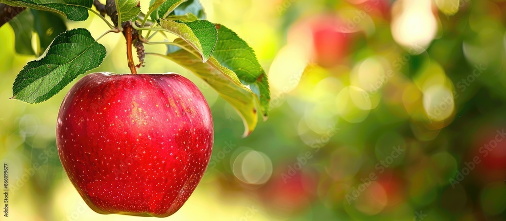 Poster a fresh red apple hangs from a tree in its natural setting with an open background for a copy space 