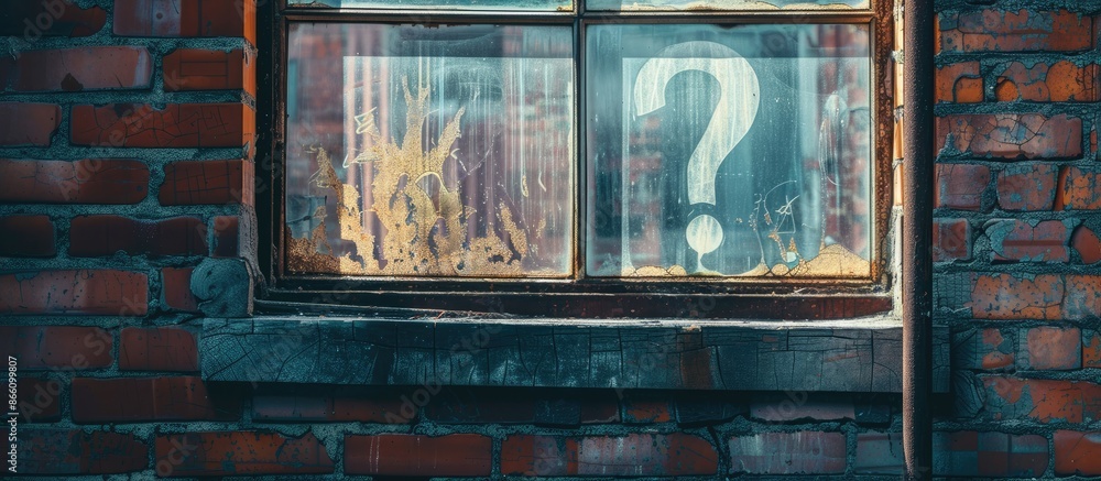 Poster a symbol representing a sense of absence or questioning placed on a window, with copy space image av